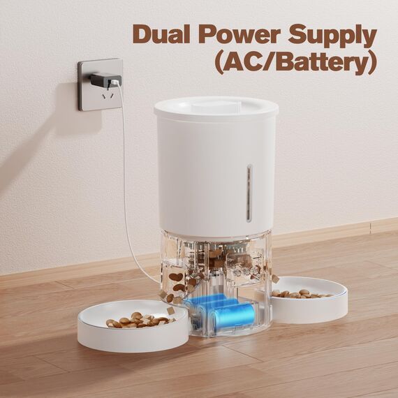 Futterautomat Katze 2 Näpfe mit APP: 5L Automatischer Futterspender mit 2.4G WiFi Timer für Trockenfutter - AONBOY Doppelnapf Design für Mehrkatzenhaushalte & Hunde - Weiß