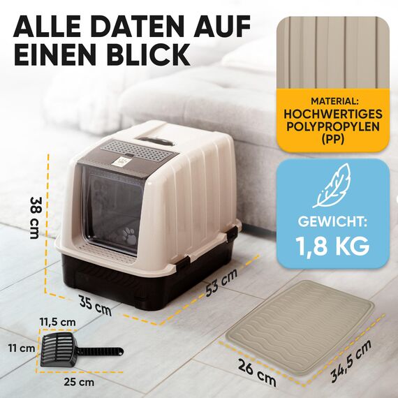 CROPLAS Katzenklo mit Deckel und Aktivkohlefilter, Katzenklo groß geschlossen, Katzentoilette geschlossen mit Klappe, geschlossene Katzentoilette mit Deckel groß, Katzen Klo XL große Katzen, beige