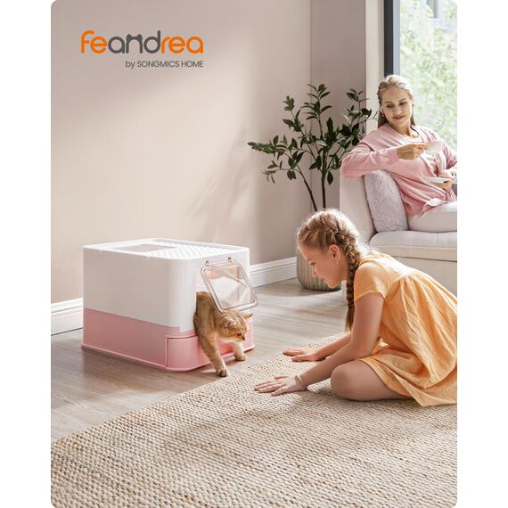 Feandrea Katzenklo, Katzentoilette, mit Deckel, ausziehbares Tablett, Schaufel, Bürste, für Katzen bis 15 kg, weniger Spuren, auslaufsicherer Boden, weiß-pastellrosa PPT001P01