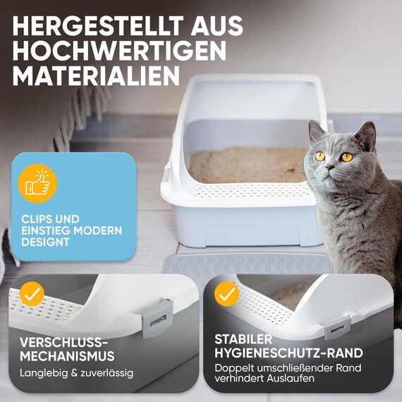 CROPLAS Katzenklo offen groß ohne Deckel,Katzenklo hoher Rand mit Streumatte & Schaufel, große Katzentoilette hoher Rand, cat Litter Box, Katzen klo,cat Toilet,Katzen toiletten, kedi tuvaleti, weiß
