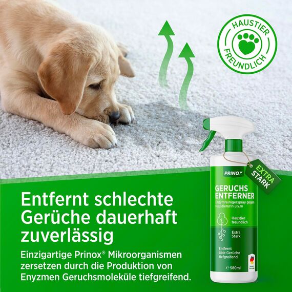 PRINOX Geruchsneutralisierer 580 ml - Enzymreiniger Konzentrat - Geruchsentferner gegen alle Gerüche, wie Katzenurin Geruch auf Sofa, Sessel, Matratze, Auto, Matratze