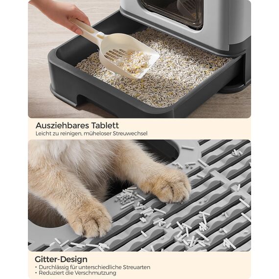 Feandrea Katzenklo 2er Set, Katzentoilette, mit Deckel, ausziehbares Tablett, Schaufel, Bürste, für Katzen bis 15 kg, weniger Spuren, auslaufsicherer Boden, anthrazitgrau-Taubengrau PPT001B10