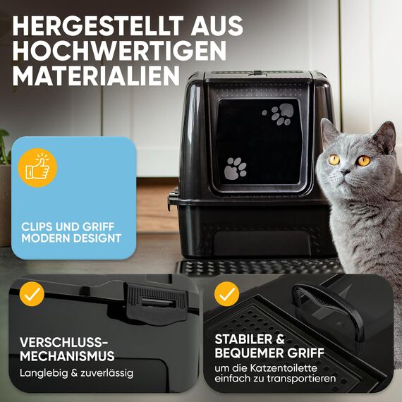 CROPLAS Katzenklo mit Deckel und Aktivkohlefilter, Katzenklo groß geschlossen, Katzentoilette geschlossen mit Klappe, geschlossene Katzentoilette mit Deckel groß, Katzen Klo XL große Katzen, schwarz