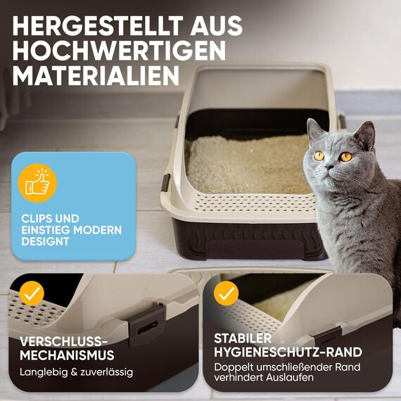 CROPLAS Katzenklo offen groß ohne Deckel,Katzenklo hoher Rand mit Streumatte & Schaufel, große Katzentoilette hoher Rand, cat Litter Box, Katzen klo,cat Toilet,Katzen toiletten, kedi tuvaleti, beige