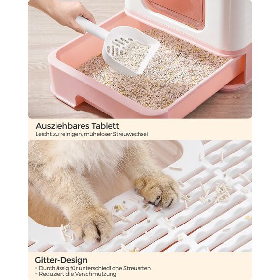 Feandrea Katzenklo 2er Set, Katzentoilette, mit Deckel, ausziehbares Tablett, Schaufel, Bürste, für Katzen bis 15 kg, weniger Spuren, auslaufsicherer Boden, weiß-pastellrosa PPT001P10