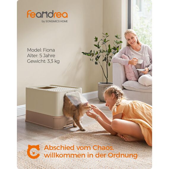 Feandrea Katzenklo, Katzentoilette, mit Deckel, ausziehbares Tablett, Schaufel, Bürste, für Katzen bis 15 kg, weniger Spuren, auslaufsicherer Boden, sandbeige-karamellbraun PPT001LJ02