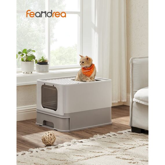 Feandrea Katzenklo 2er Set, Katzentoilette, mit Deckel, ausziehbares Tablett, Schaufel, Bürste, für Katzen bis 15 kg, weniger Spuren, auslaufsicherer Boden, haferflockenfarben-warmgrau PPT001G10