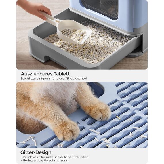 Feandrea Katzenklo, Katzentoilette, mit Deckel, ausziehbares Tablett, Schaufel, Bürste, für Katzen bis 15 kg, weniger Spuren, auslaufsicherer Boden, blassblau-Taubengrau PPT001Q01