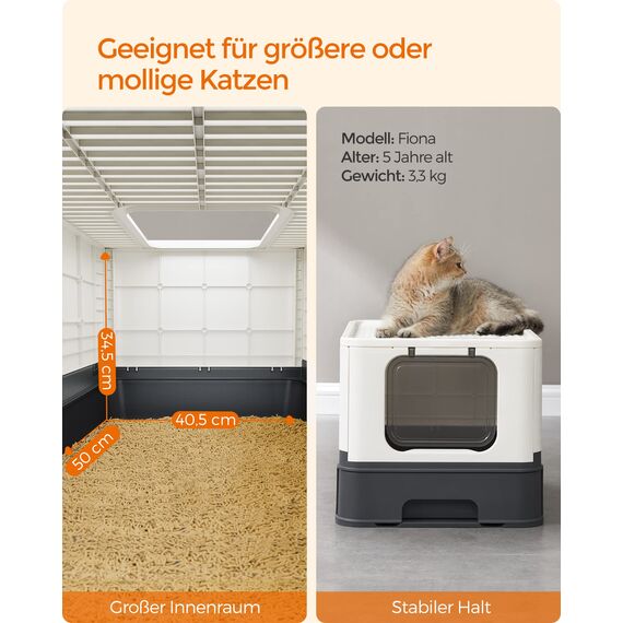 Feandrea Katzenklo, Katzentoilette, mit Deckel, ausziehbares Tablett, Schaufel, Bürste, für Katzen bis 15 kg, weniger Spuren, auslaufsicherer Boden, beige-schwarz PPT001W01