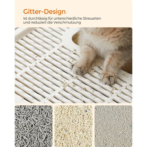 Feandrea Katzenklo, Katzentoilette, mit Deckel, ausziehbares Tablett, Schaufel, Bürste, für Katzen bis 15 kg, weniger Spuren, auslaufsicherer Boden, beige-schwarz PPT001W01
