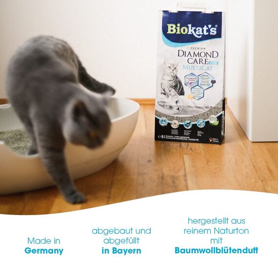 Biokat's Diamond Care MultiCat Fresh Katzenstreu mit Duft - Feine Klumpstreu aus Bentonit mit Aktivkohle speziell für Mehrkatzen-Haushalte - 1 Sack (1 x 8 L)