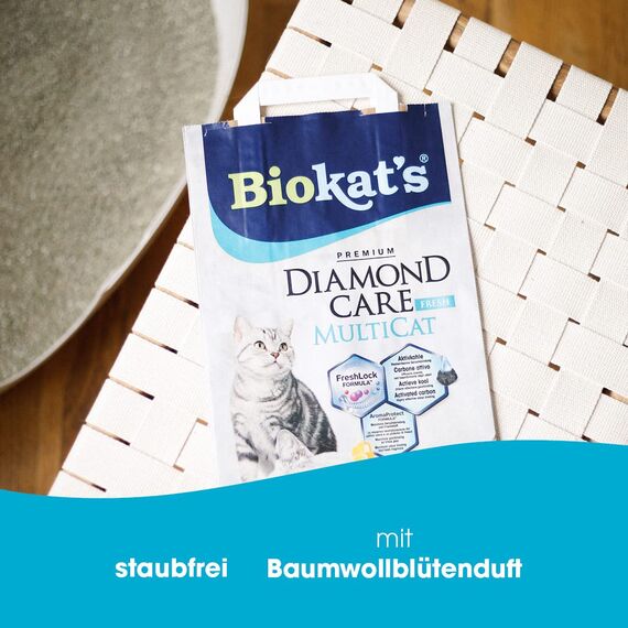 Biokat's Diamond Care MultiCat Fresh Katzenstreu mit Duft - Feine Klumpstreu aus Bentonit mit Aktivkohle speziell für Mehrkatzen-Haushalte - 1 Sack (1 x 8 L)