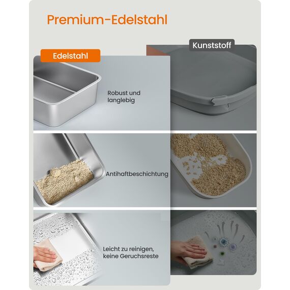 Feandrea Katzenklo Edelstahl, XL, Katzentoilette mit Deckel, mit Schaufel, Bürste und 2 Eingängen, für Katzen bis 15 kg, Taubengrau PPT005G01