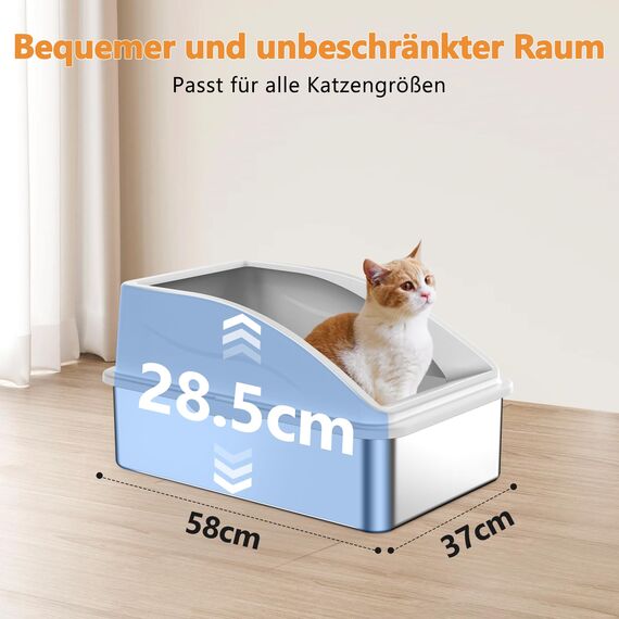 FURTIME Katzenklo Edelstahl XXL, Katzentoilette Edelstahl 30L Große Kapazität Auslaufsicher Gegen Verschüttungen Katzenklo, mit Metall Katzenstreuschaufel 58x37x28.5cm (Silbergrau)