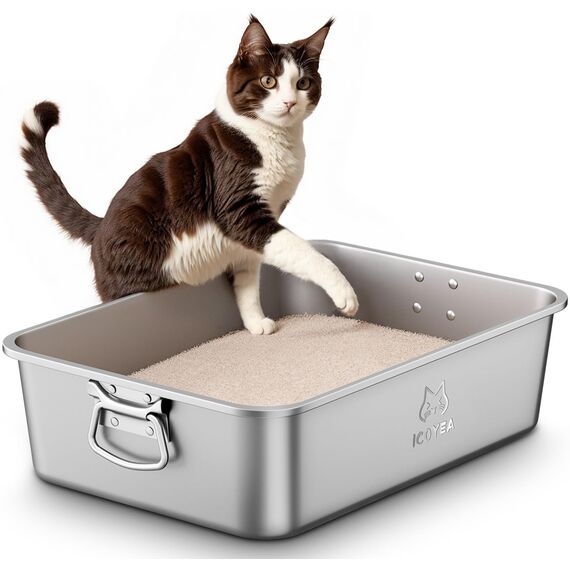 Edelstahl Katzenklo mit Griffen & Schaufel, Große Katzentoilette, XXL Katzentoilette Edelstahl Offen, Metall Katzenklo für Katzen Aller Größen & Kaninchen, Geruchsfrei, Leicht zu Reinigen, 50x35x15cm