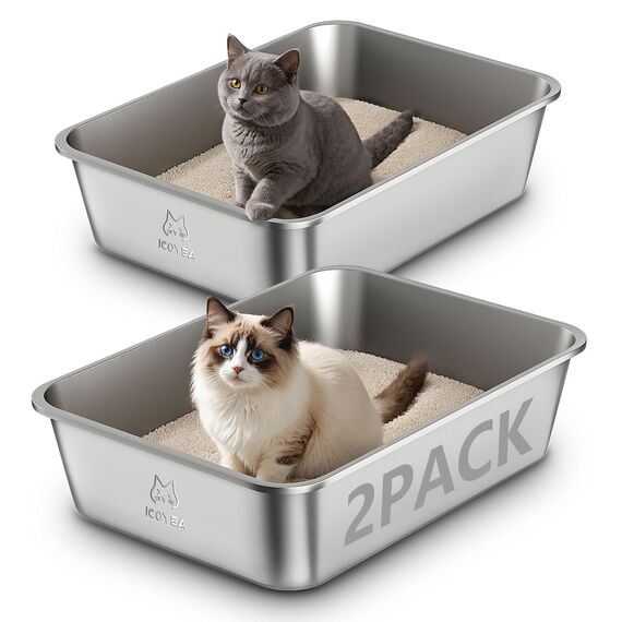 2er Set Edelstahl Katzenklo, Große Katzentoilette, XXL Katzentoilette Edelstahl Offen, Metall Katzenklo für Katzen Aller Größen & Kaninchen, Antihaftbeschichtet, Geruchsfrei (2 Stück, 50x35x15cm)