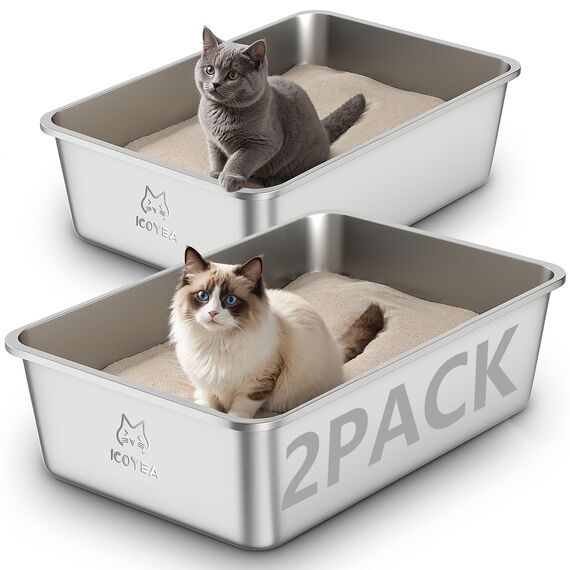 2er Set Edelstahl Katzenklo, Große Katzentoilette, XXL Katzentoilette Edelstahl Offen, Metall Katzenklo für Katzen Aller Größen & Kaninchen, Antihaftbeschichtet, Geruchsfrei (2 Stück, 60x40x20cm)