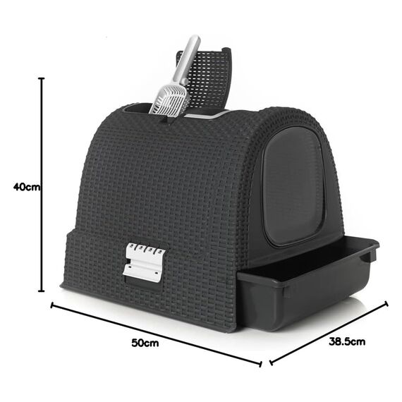 Curver petlife Katzentoilette mit Deckel, Katzenklo inklusive Schaufel, moderne Rattangeflecht-Optik, anthrazit, 51,5 x 38,5 x 40 cm