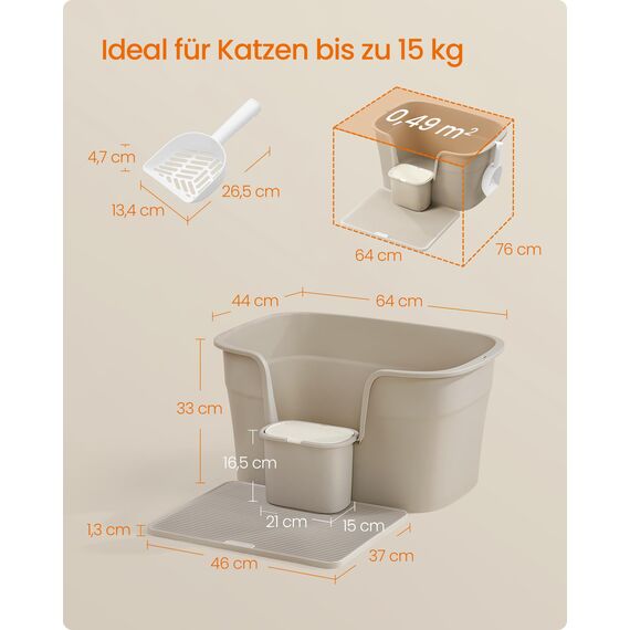Feandrea Katzenklo, extragroße Katzentoilette, für Mehrkatzenhaushalte, mit hohen Seitenwänden, Katzenstreumatte, Aufbewahrungsbox, Schaufel, für große Katzen, cappuccinobeige PPT003K01
