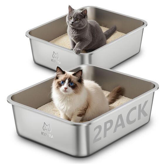 2er Set Edelstahl Katzenklo, Große Katzentoilette, XXL Katzentoilette Edelstahl Offen, Metall Katzenklo für Katzen Aller Größen & Kaninchen, Antihaftbeschichtet, Geruchsfrei (2 Stück, 45x35x15cm)