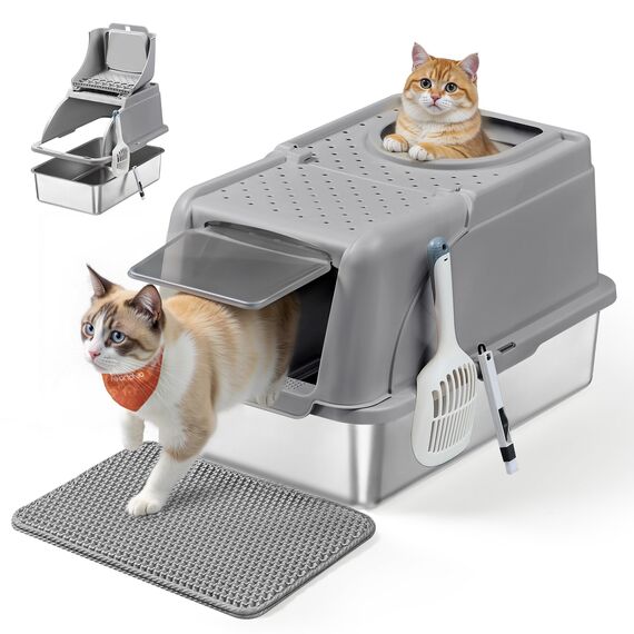 Feandrea Katzenklo Edelstahl, XL, Katzentoilette mit Deckel, mit Schaufel, Bürste und 2 Eingängen, für Katzen bis 15 kg, Taubengrau PPT005G01