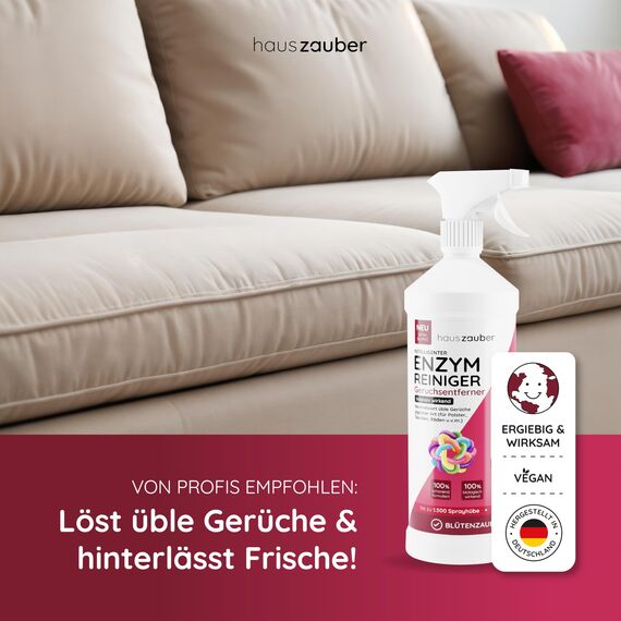 hauszauber - Enzymreiniger [STARKER GERUCHSENTFERNER] 1000 ml - Gegen Katzenurin, Nikotin, Tiergerüche etc. - Schlechte Gerüche aus Auto & Teppich entfernen - Geruchsentferner - Blütenzauber