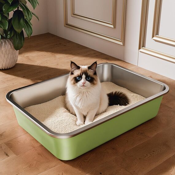 Edelstahl Katzenklo, Große Katzentoilette, XXL Katzentoilette Edelstahl Offen, Metall Katzenklo für Katzen Aller Größen Kaninchen, Antihaftbeschichtet, Leicht zu Reinigen (Grün, 50x35x10cm)