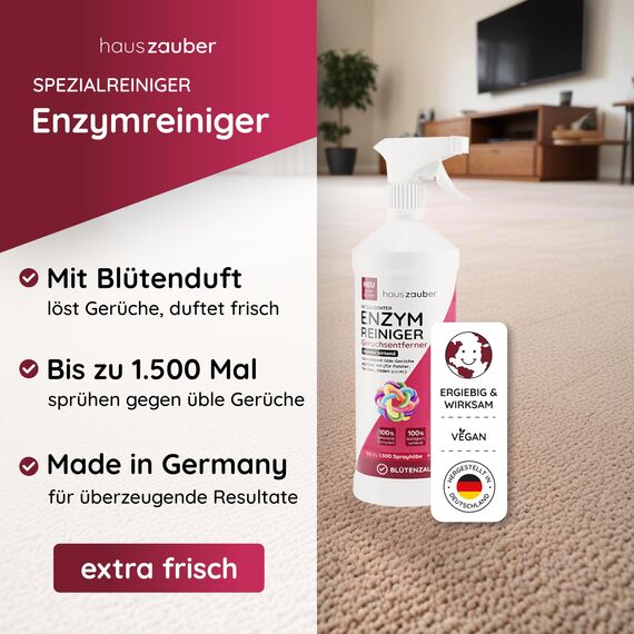 hauszauber - Enzymreiniger [STARKER GERUCHSENTFERNER] 1000 ml - Gegen Katzenurin, Nikotin, Tiergerüche etc. - Schlechte Gerüche aus Auto & Teppich entfernen - Geruchsentferner - Blütenzauber