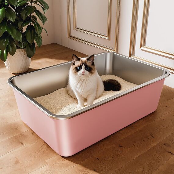 Edelstahl Katzenklo, Große Katzentoilette, XXL Katzentoilette Edelstahl Offen, Metall Katzenklo für Katzen Aller Größen Kaninchen, Antihaftbeschichtet, Leicht zu Reinigen (Rosa, 60x40x20cm)