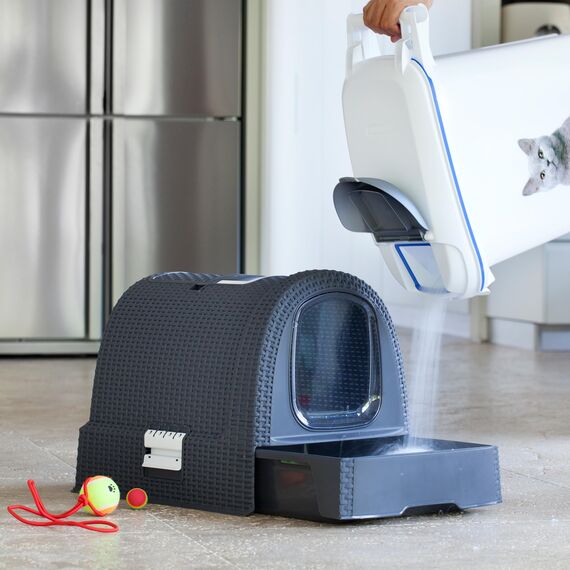 Curver petlife Katzentoilette mit Deckel, Katzenklo inklusive Schaufel, moderne Rattangeflecht-Optik, anthrazit, 51,5 x 38,5 x 40 cm
