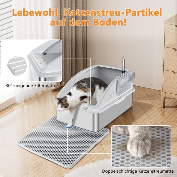 FURTIME Katzenklo Edelstahl XXL, Katzentoilette Edelstahl 30L Große Kapazität Auslaufsicher Gegen Verschüttungen Katzenklo, mit Metall Katzenstreuschaufel 58x37x28.5cm (Silbergrau)