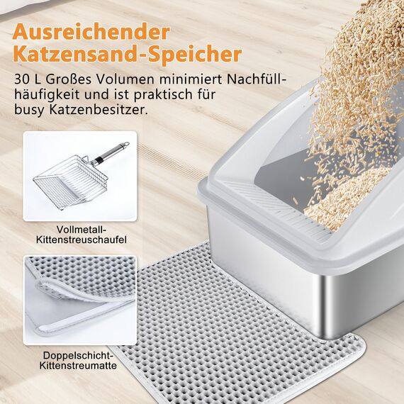 FURTIME Katzenklo Edelstahl XXL, Katzentoilette Edelstahl 30L Große Kapazität Auslaufsicher Gegen Verschüttungen Katzenklo, mit Metall Katzenstreuschaufel 58x37x28.5cm (Silbergrau)