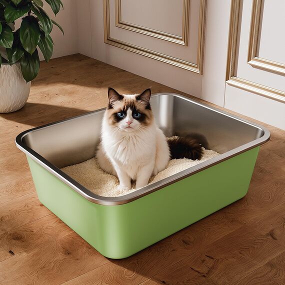 Edelstahl Katzenklo, Große Katzentoilette, XXL Katzentoilette Edelstahl Offen, Metall Katzenklo für Katzen Aller Größen Kaninchen, Antihaftbeschichtet, Leicht zu Reinigen (Grün, 45x35x15cm)