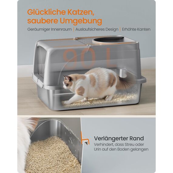 Feandrea Katzenklo Edelstahl, XL, Katzentoilette mit Deckel, mit Schaufel, Bürste und 2 Eingängen, für Katzen bis 15 kg, Taubengrau PPT005G01