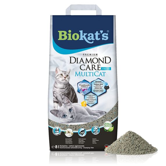 Biokat's Diamond Care MultiCat Fresh Katzenstreu mit Duft - Feine Klumpstreu aus Bentonit mit Aktivkohle speziell für Mehrkatzen-Haushalte - 1 Sack (1 x 8 L)