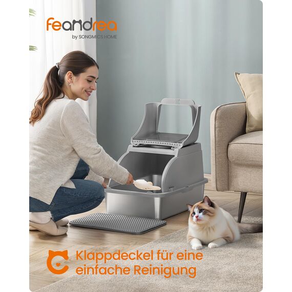 Feandrea Katzenklo Edelstahl, XL, Katzentoilette mit Deckel, mit Schaufel, Bürste und 2 Eingängen, für Katzen bis 15 kg, Taubengrau PPT005G01