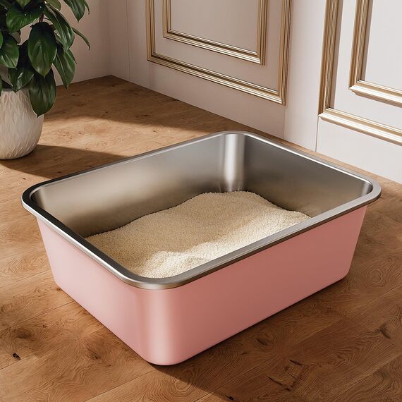 Edelstahl Katzenklo, Große Katzentoilette, XXL Katzentoilette Edelstahl Offen, Metall Katzenklo für Katzen Aller Größen Kaninchen, Antihaftbeschichtet, Leicht zu Reinigen (Rosa, 45x35x15cm)