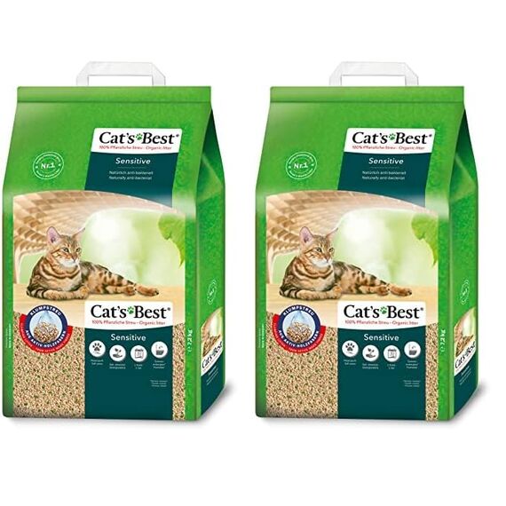 Cat's Best Sensitive, 100% pflanzliche Katzenstreu, fest klumpend und antibakteriell aus veredelten Aktiv-Holzfasern – speziell für empfindliche Katzen, 7,2 kg/20 l (Packung mit 2)