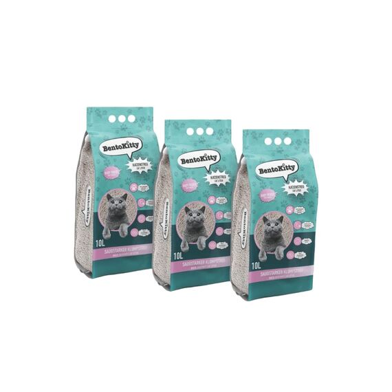BentoKitty Katzenstreu (30L, 3er Pack) mit Babypuder Duft, Klumpend, weiß, feinkörnig, Klumpstreu aus Bentonite, für Sensitive Katzenpfoten geeignet