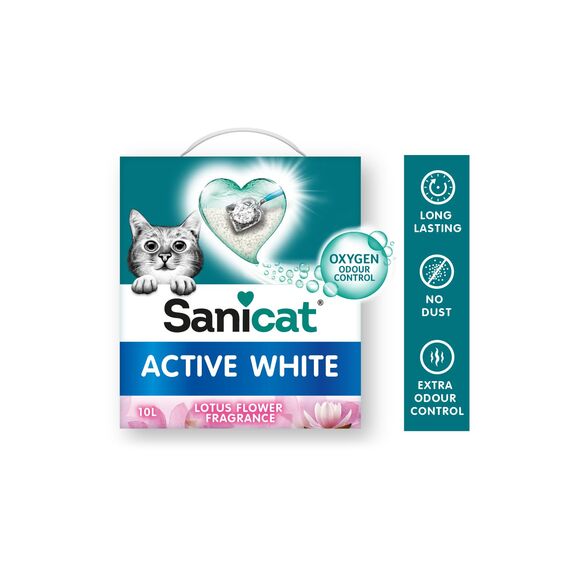 Sanicat Klumpstreu Active White mit Lotusblumenduft Hergestellt aus natürlichen Mineralien mit garantierter Geruchsbindung Absorbiert die Feuchtigkeit und erleichtert die Reinigung Packungsgröße 6l