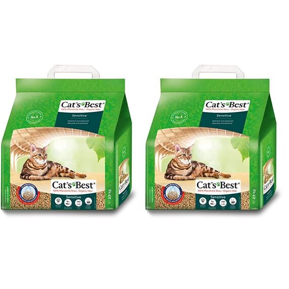 Cat's Best Sensitive, 100% pflanzliche Katzenstreu, fest klumpend und antibakteriell aus veredelten Aktiv-Holzfasern – speziell für empfindliche Katzen, 2,9 kg/8 l (Packung mit 2)
