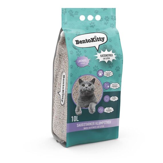 BentoKitty Katzenstreu (10L, 1er Pack) mit Lavendel Duft, Klumpend, weiß, feinkörnig, Klumpstreu aus Bentonite, für Sensitive Katzenpfoten geeignet, Saugstark, Geruchsbindend