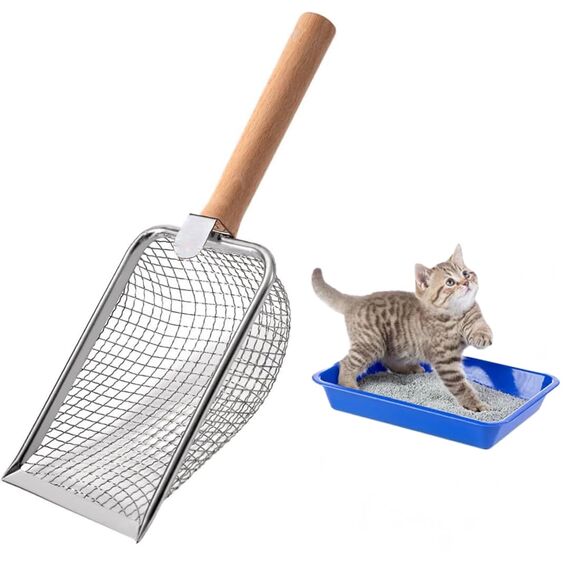 Nokwocy Katzenstreuschaufel, Katzenklo Schaufel Metall, Katzenstreu Schaufel mit Holzgriff, 4mm Porengröße Metall Katzenschaufel,katzenschaufel für katzenklo (Wood)