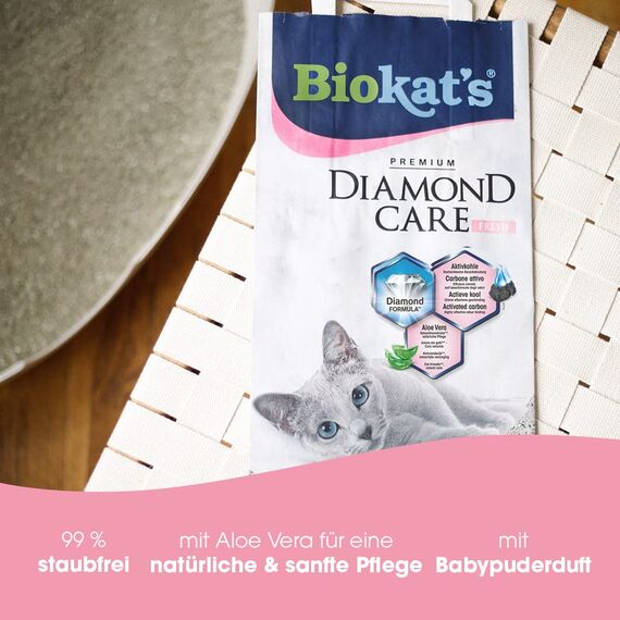Biokat's Diamond Care Fresh Katzenstreu mit Babypuder-Duft - Feine Klumpstreu aus Bentonit mit Aktivkohle und Aloe Vera - 1 Sack (1 x 10 L) (Packung mit 2)