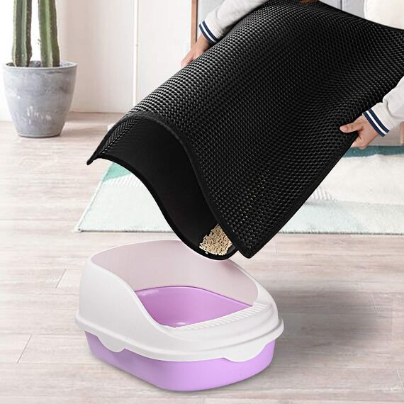 Pieviev Katzenklo Matte, Katzenstreu Matte Katzenklo Unterleger Waben Design Katzentoilette Vorleger wasserdichte Doppelte Schichte Entwurf Bienenwabe Mat (Schwarz 61x38 cm)