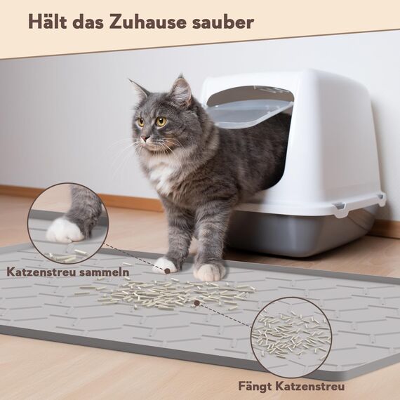 Garoopion Katzenklo Matte, 86x56cm Silikon Katzenstreu Matte Groß, wasserdichte Katzenmatte Katzenklo Unterleger, Katzenstreumatte, Leicht zu Reinigen, Grau