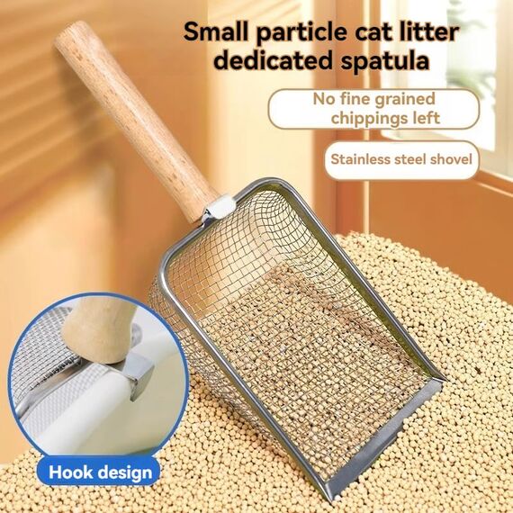 Nokwocy Katzenstreuschaufel, Katzenklo Schaufel Metall, Katzenstreu Schaufel mit Holzgriff, 4mm Porengröße Metall Katzenschaufel,katzenschaufel für katzenklo (Wood)