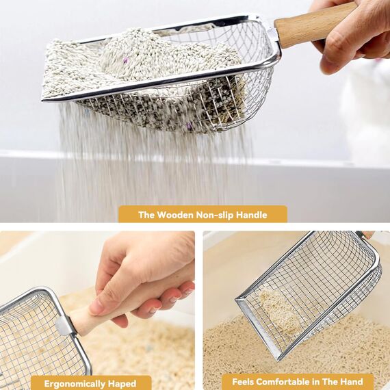 Fhintory Katzenschaufel Edelstahl für Katzenklo, Katzenklo Schaufel Fein, Metall Katzenstreuschaufel, Schaufel für Katzentoilette Lochabstand 5mm, Katzenschaufel mit Holzgriff, Litter Box Scoop