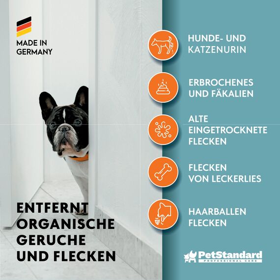 PetStandard Enzymreiniger für Katzenurin & Hundeurin – Fleckenentferner & Geruchsentferner für Teppiche & Polster | Extra Schaumkraft | Made in Germany | 750ml