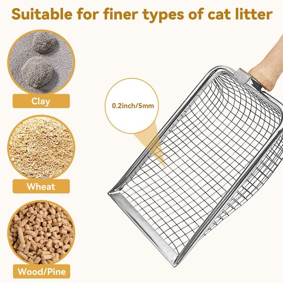 Fhintory Katzenschaufel Edelstahl für Katzenklo, Katzenklo Schaufel Fein, Metall Katzenstreuschaufel, Schaufel für Katzentoilette Lochabstand 5mm, Katzenschaufel mit Holzgriff, Litter Box Scoop